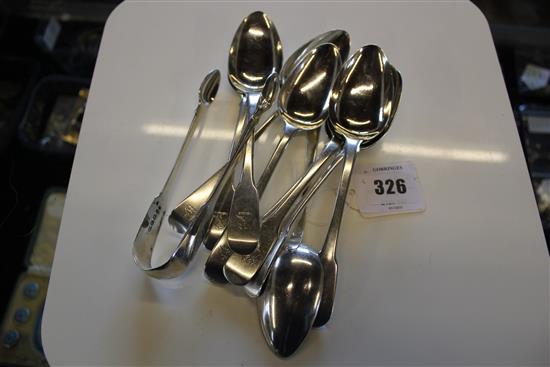 9 dessert spoons and tongs(-)